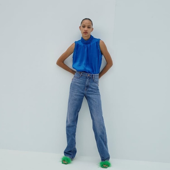 NWT Zara HIGH COLLAR BLUE SATIN EFFECT TOP - Picture 2 of 11